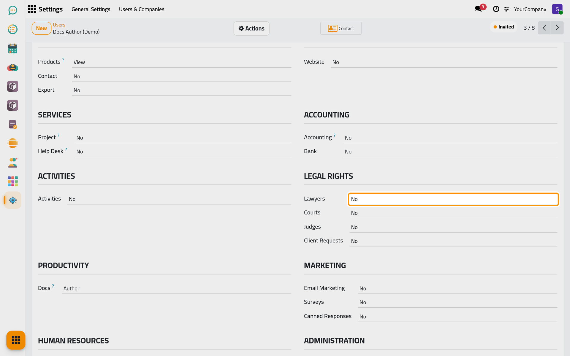 The Legal Rights section of the Access Rights tab, one level per section.