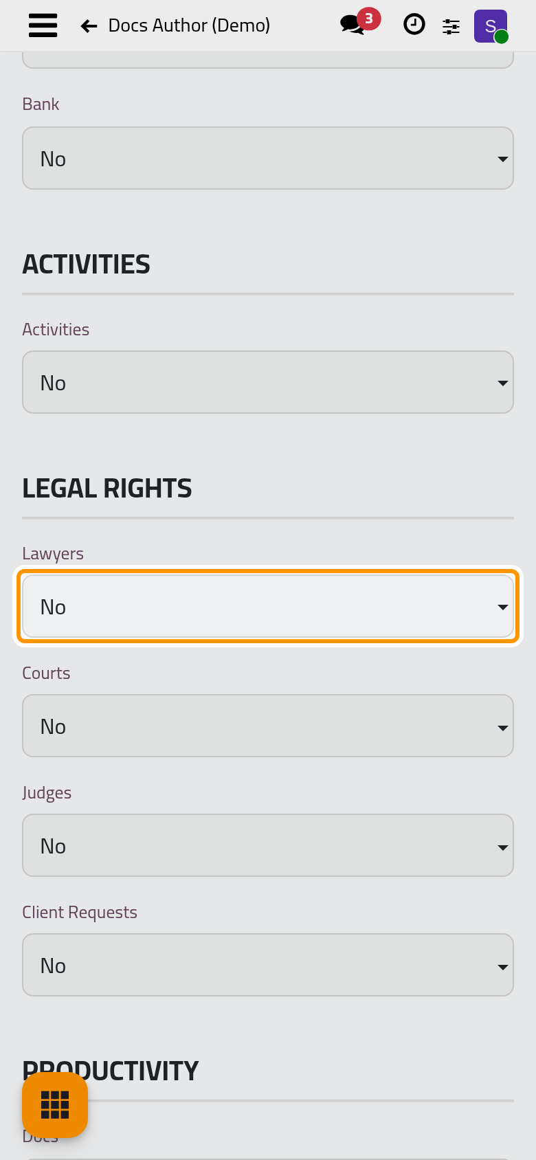 The Legal Rights section of the Access Rights tab, one level per section.