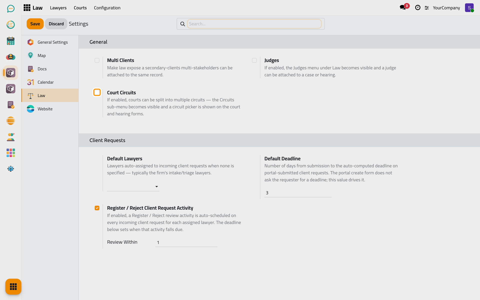 The Law tab of Settings with its General and Client Requests blocks.