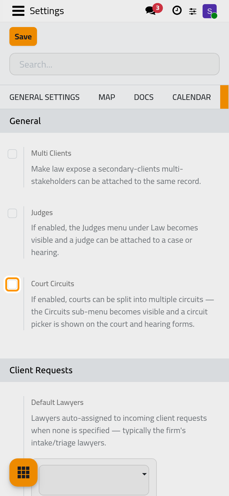 The Law tab of Settings with its General and Client Requests blocks.