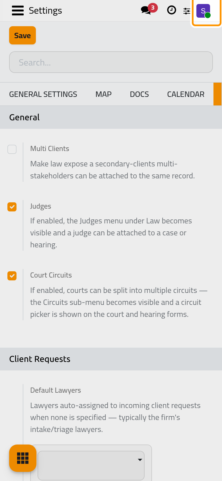 After saving, the Judges menu appears next to Lawyers and Courts.
