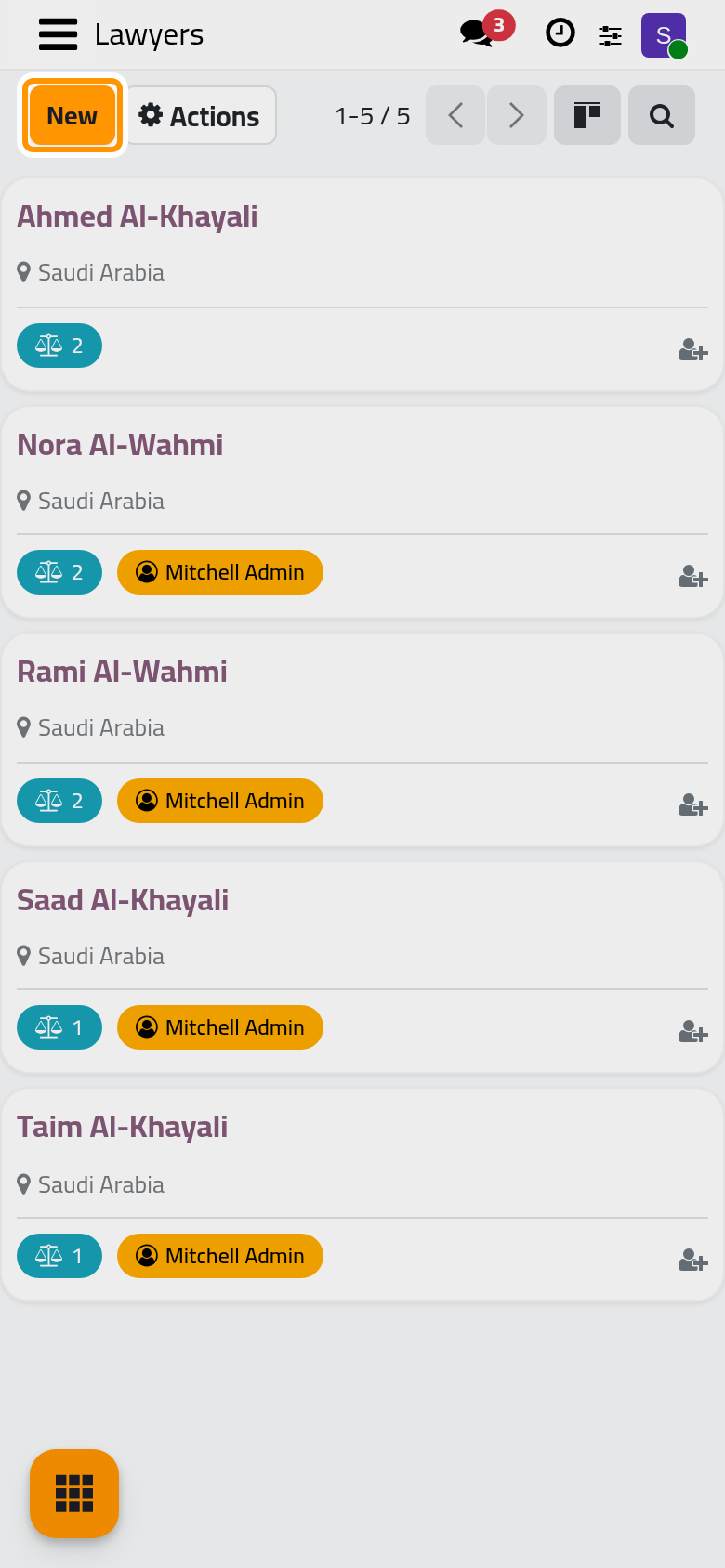 The lawyers directory; each card shows the practice areas and the supervisor.