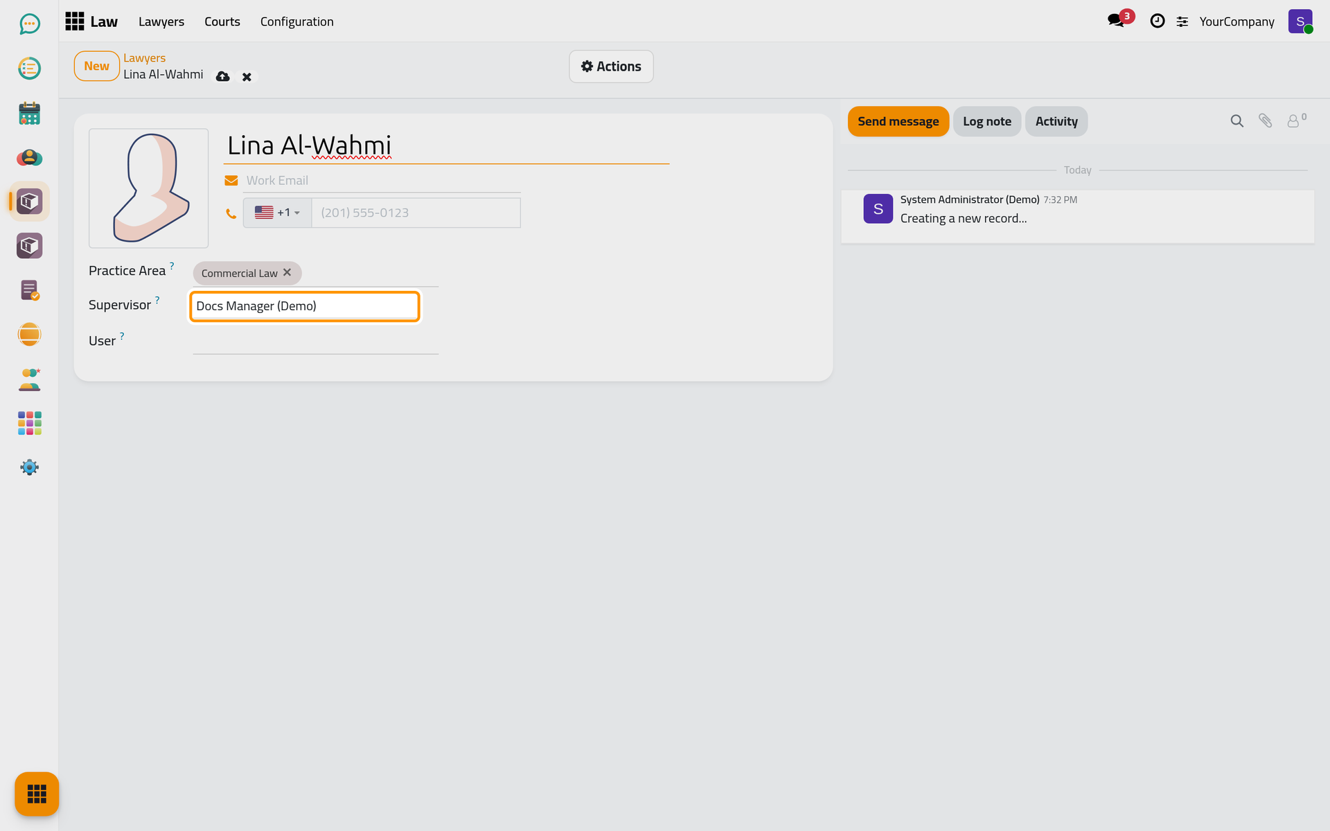 A new lawyer with a practice area and the user who supervises them; a work email would also create their account.
