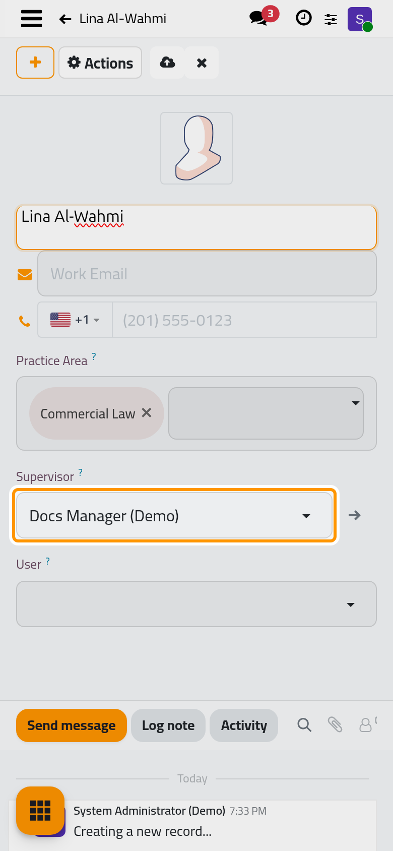 A new lawyer with a practice area and the user who supervises them; a work email would also create their account.