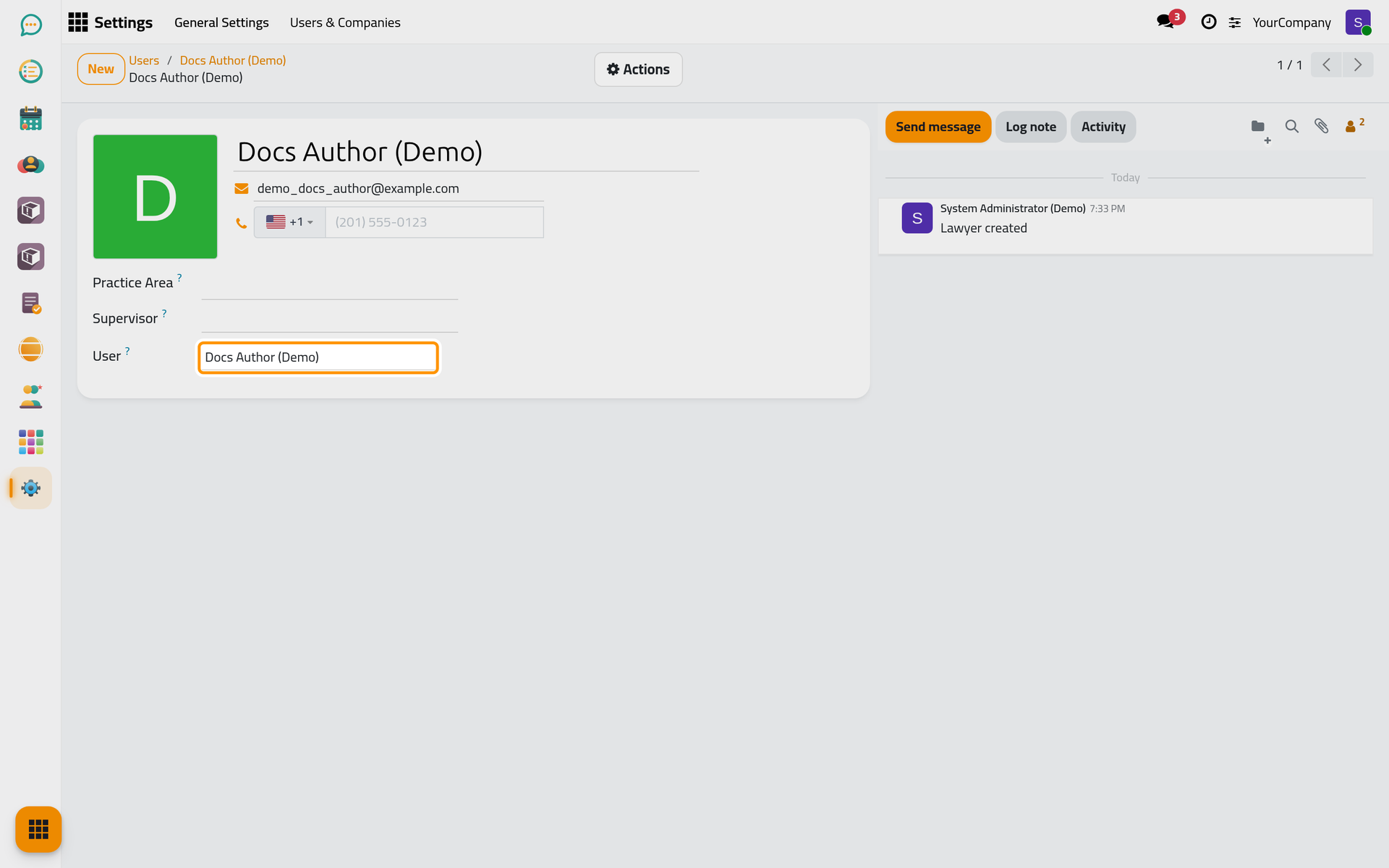 The lawyer created from a user, with the user linked and their details copied.