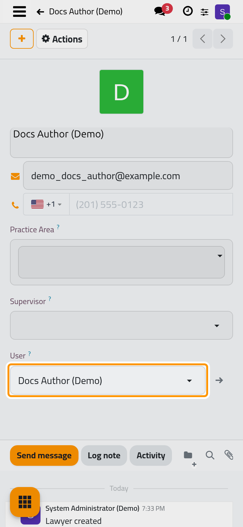 The lawyer created from a user, with the user linked and their details copied.
