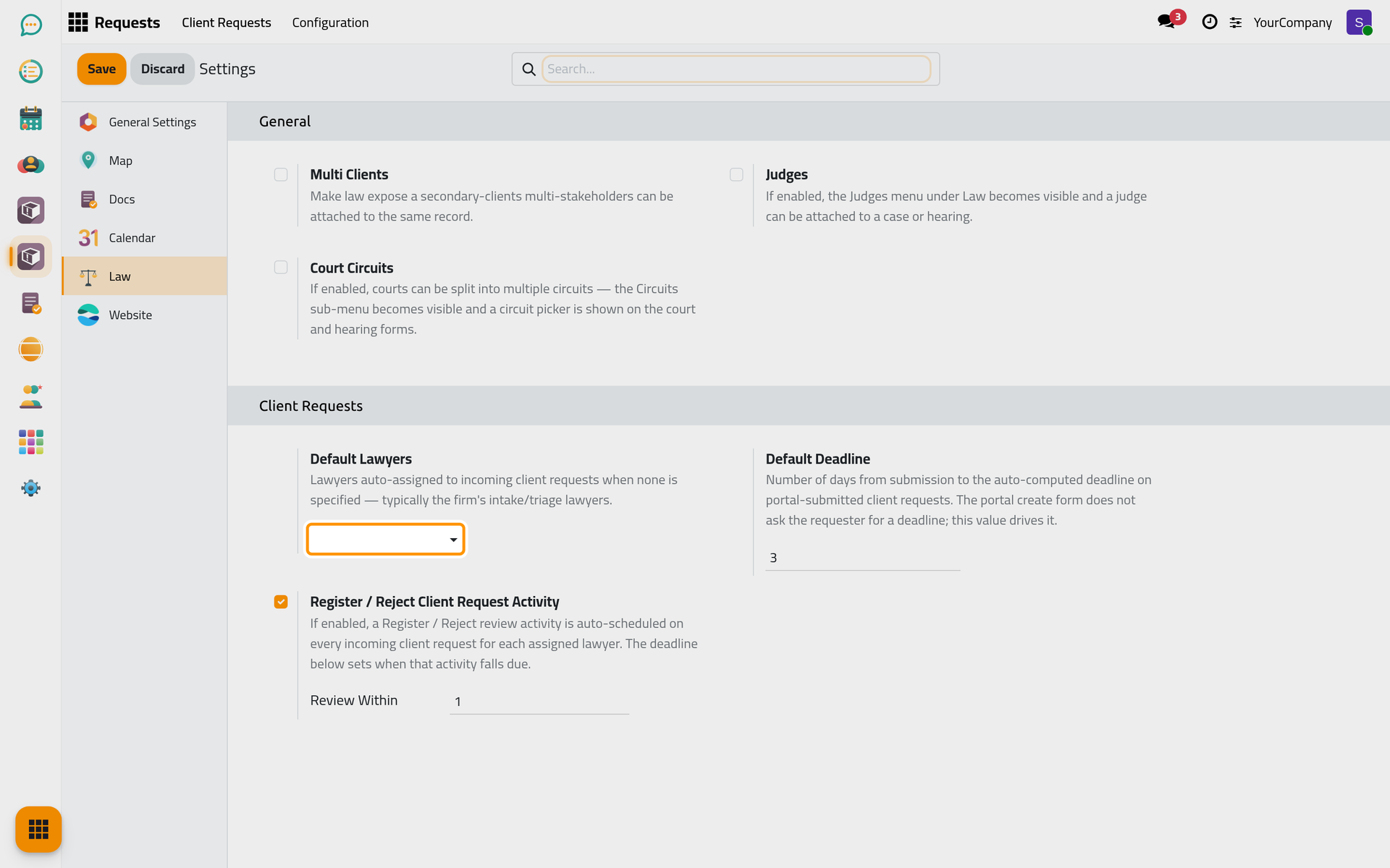The Client Requests block of the law settings.