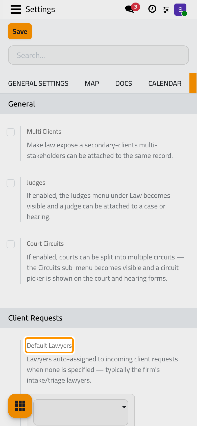 The Client Requests block of the law settings.