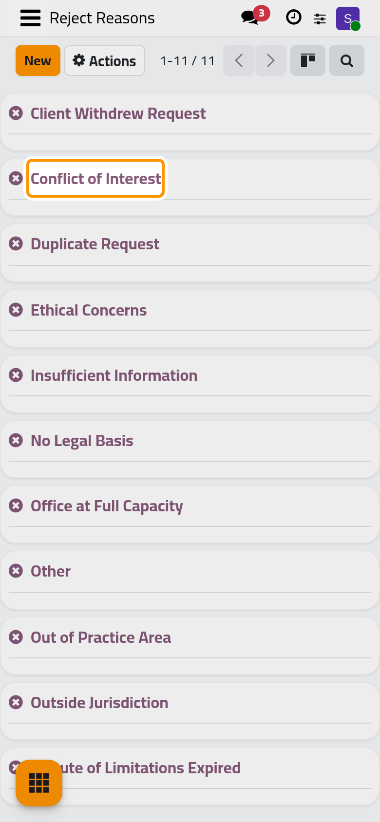 The reject reasons that come with the app.
