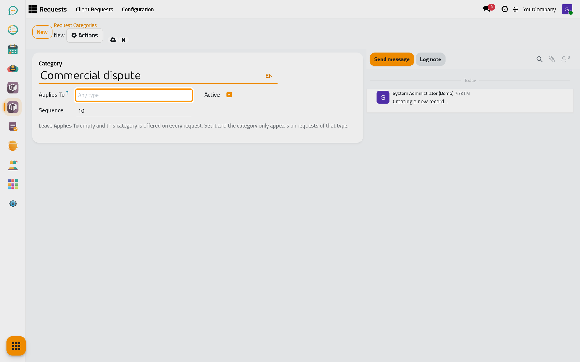 A new request category; Applies To stays empty to offer it on every request.