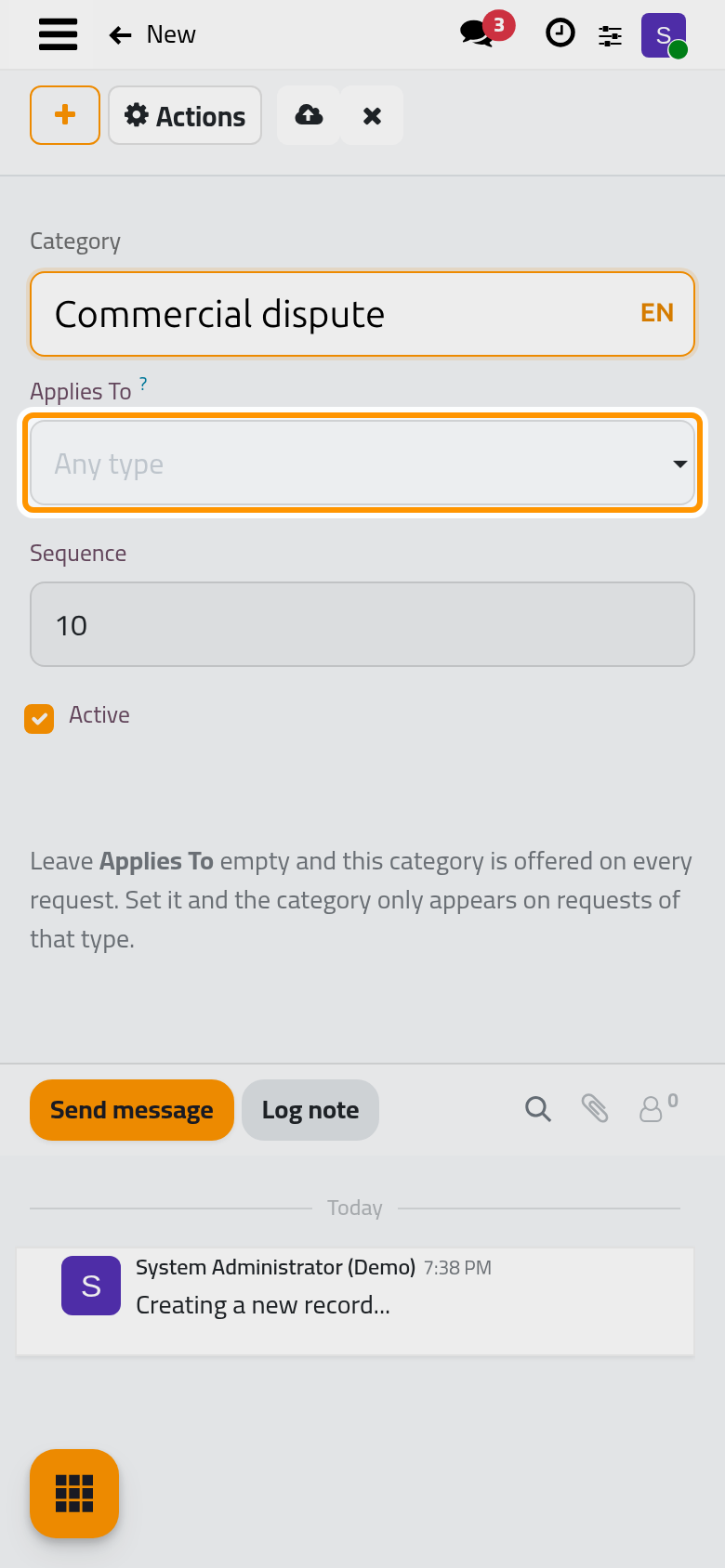 A new request category; Applies To stays empty to offer it on every request.