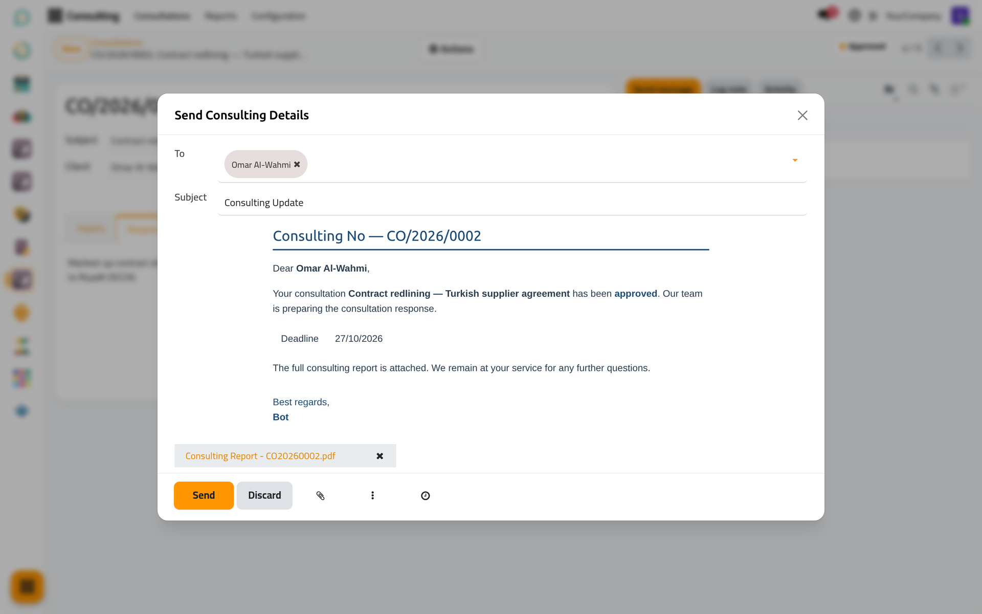 The email with the consultation report, addressed to the client.