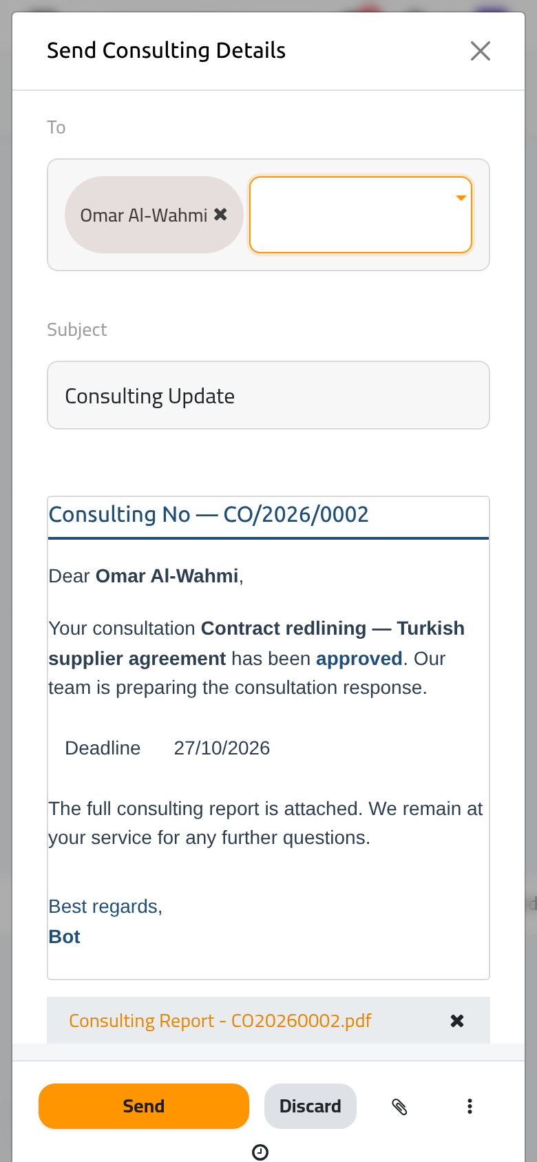 The email with the consultation report, addressed to the client.