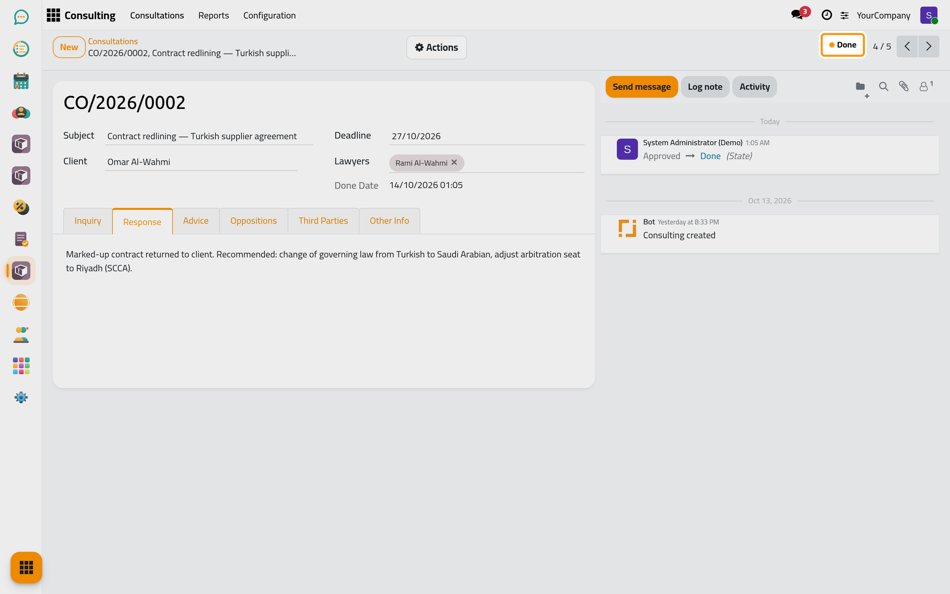 The consultation is done, its date recorded.