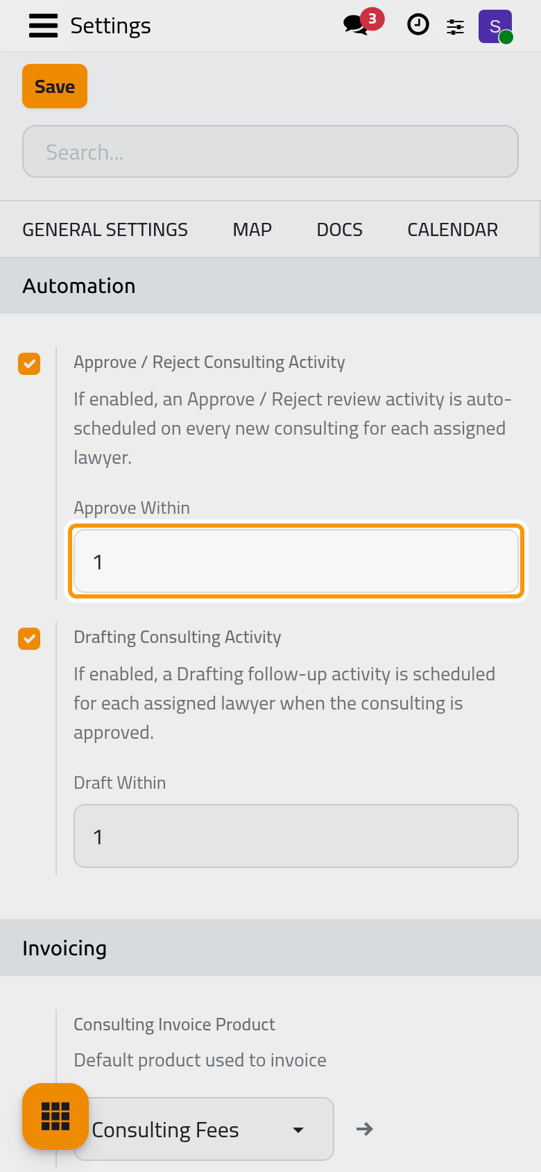The Automation block of the consulting settings.