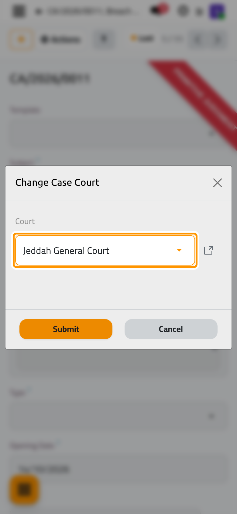 The appeal court is chosen in the Change Case Court window.