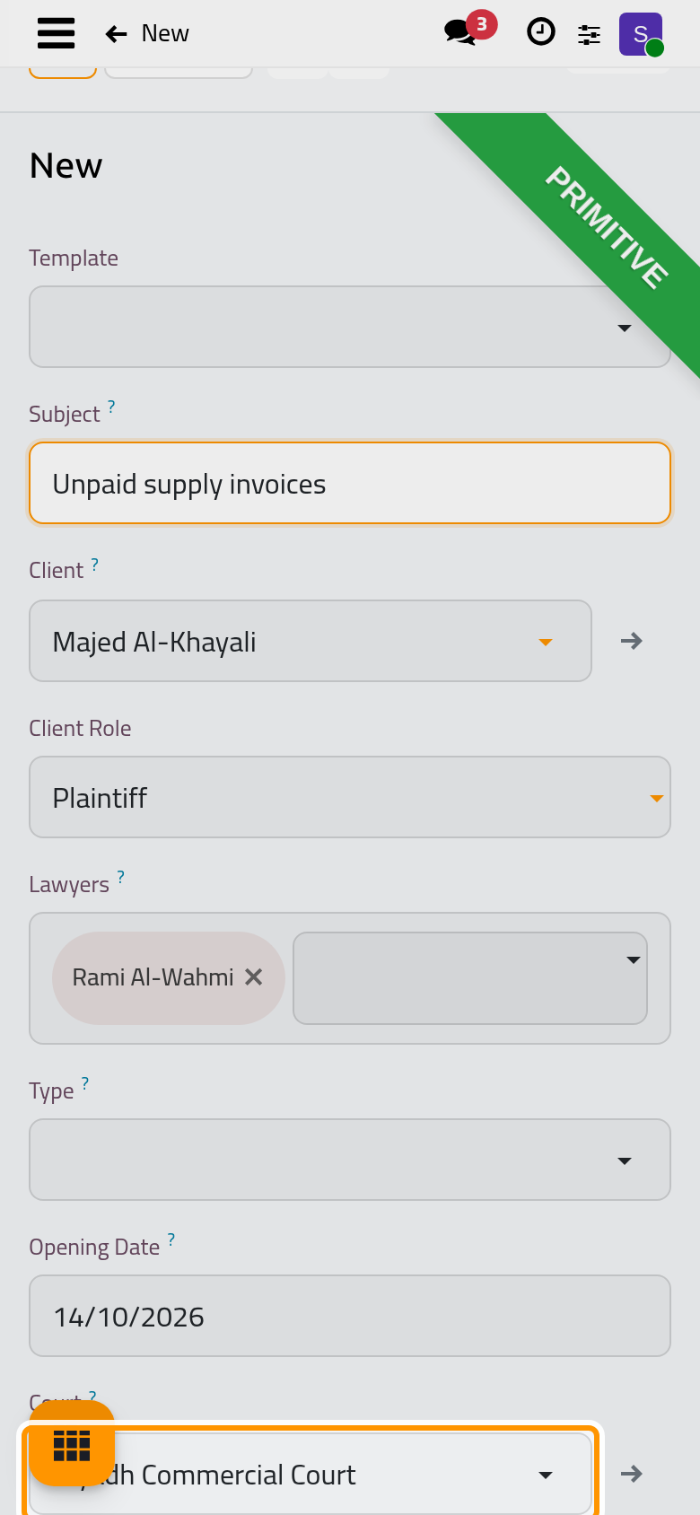 A new case with its subject, client, lawyer and court.
