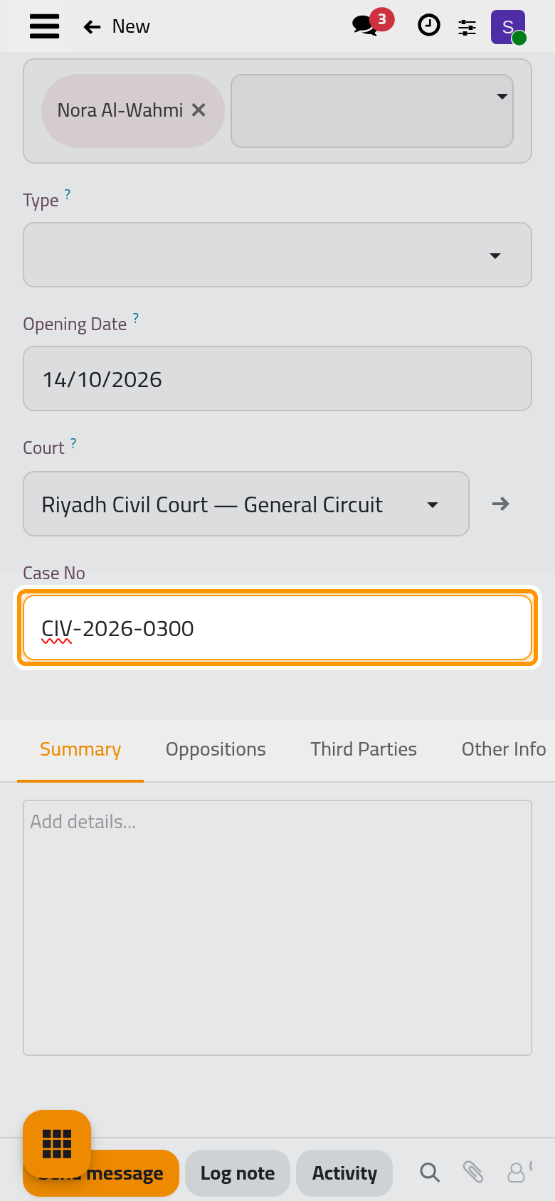 The case with its client, role, lawyer, court and the court's case number.