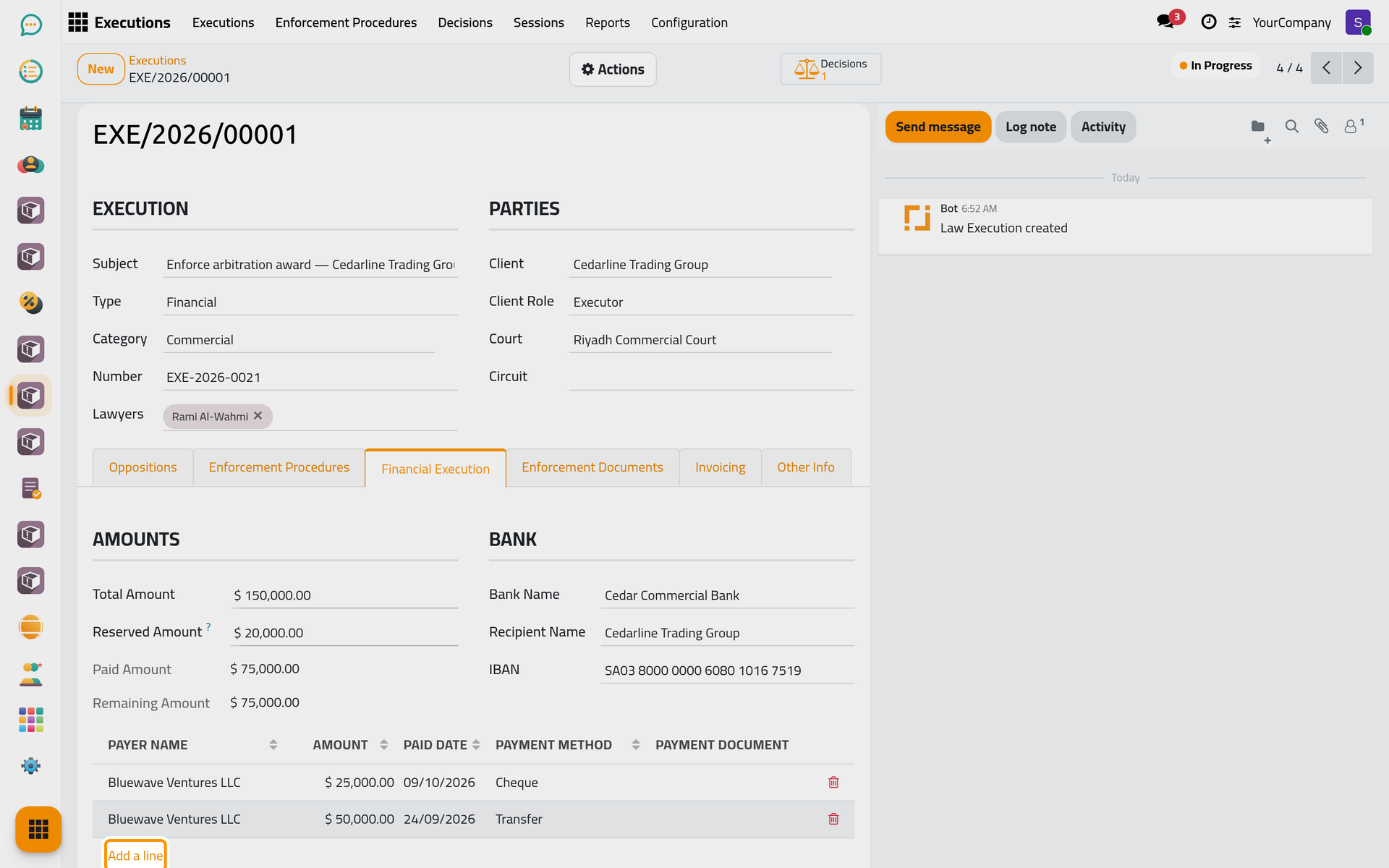 The amounts of the file and every payment collected; Add a line records the next one.