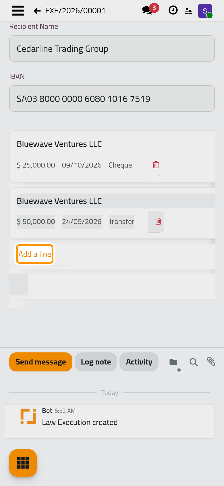 The amounts of the file and every payment collected; Add a line records the next one.