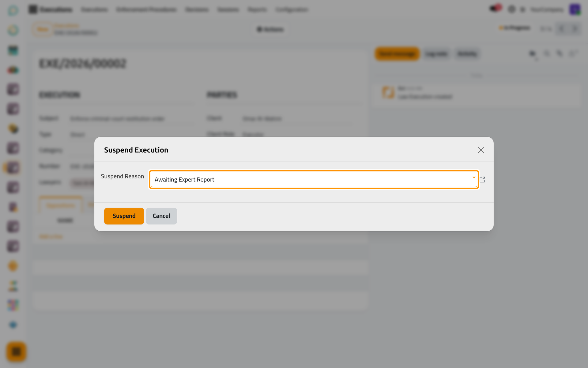 Suspending asks for the reason, from the list in Configuration.
