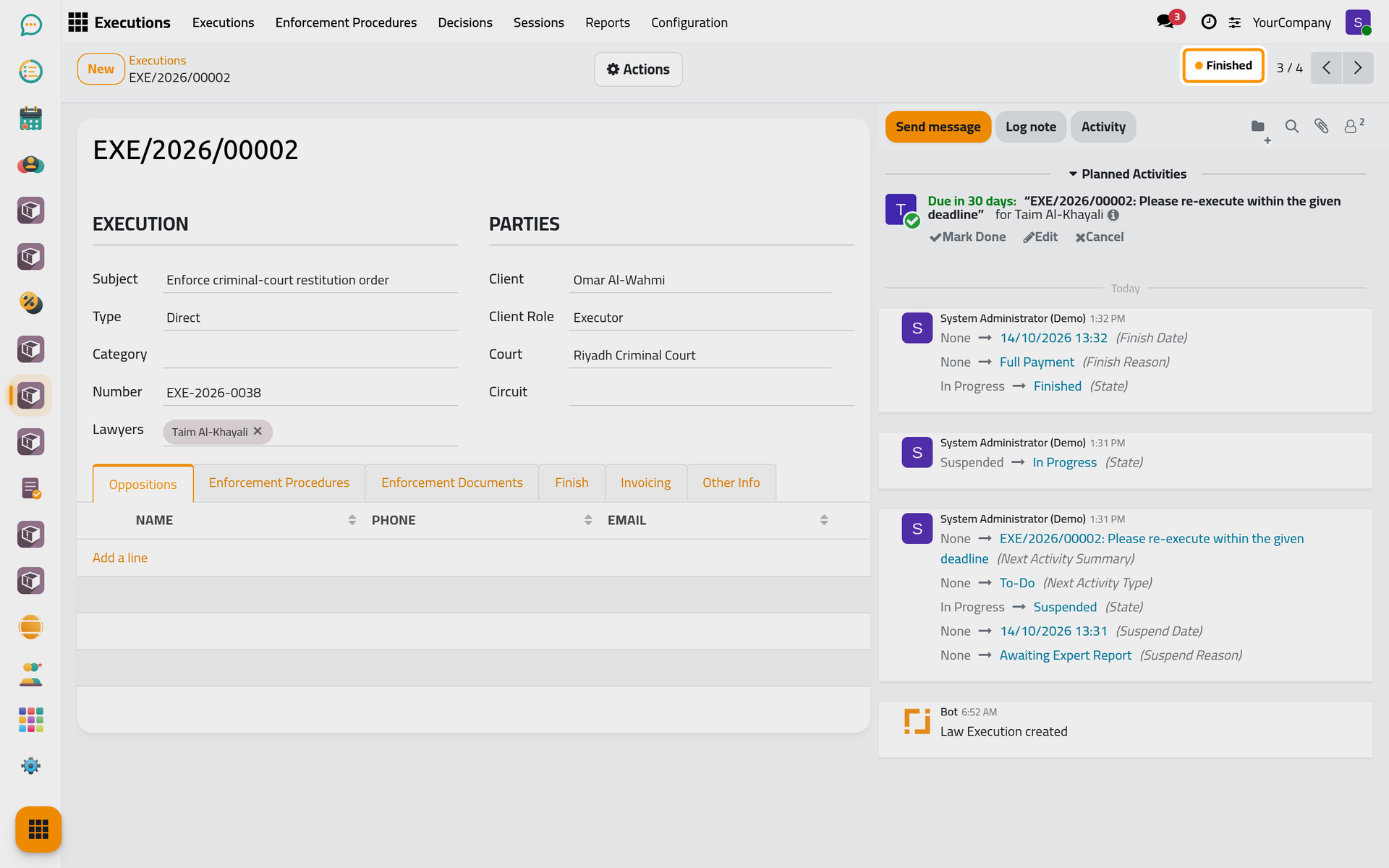 The file is Finished, with its reason and date in the Finish tab.