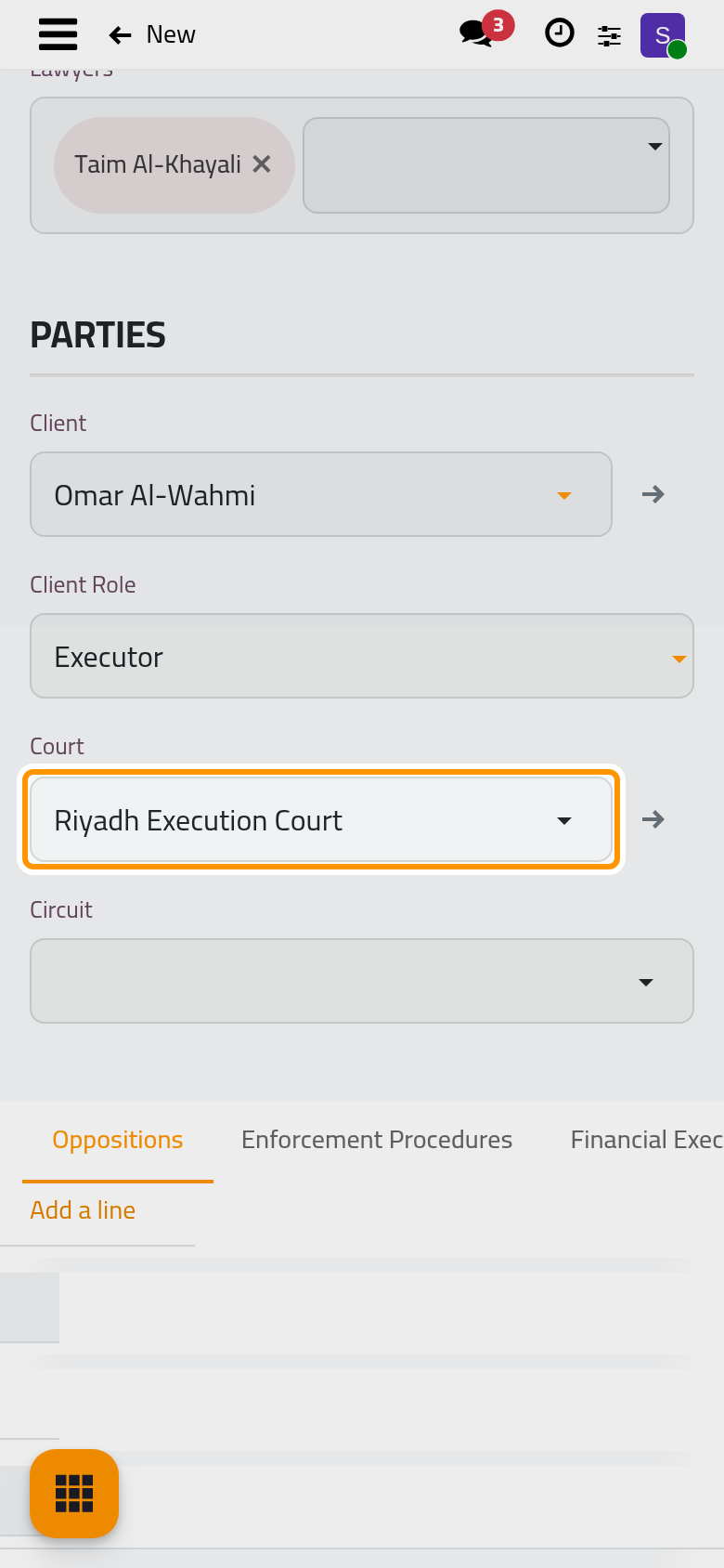 The file with its subject, type, client and the client's role, lawyer, execution court and number.