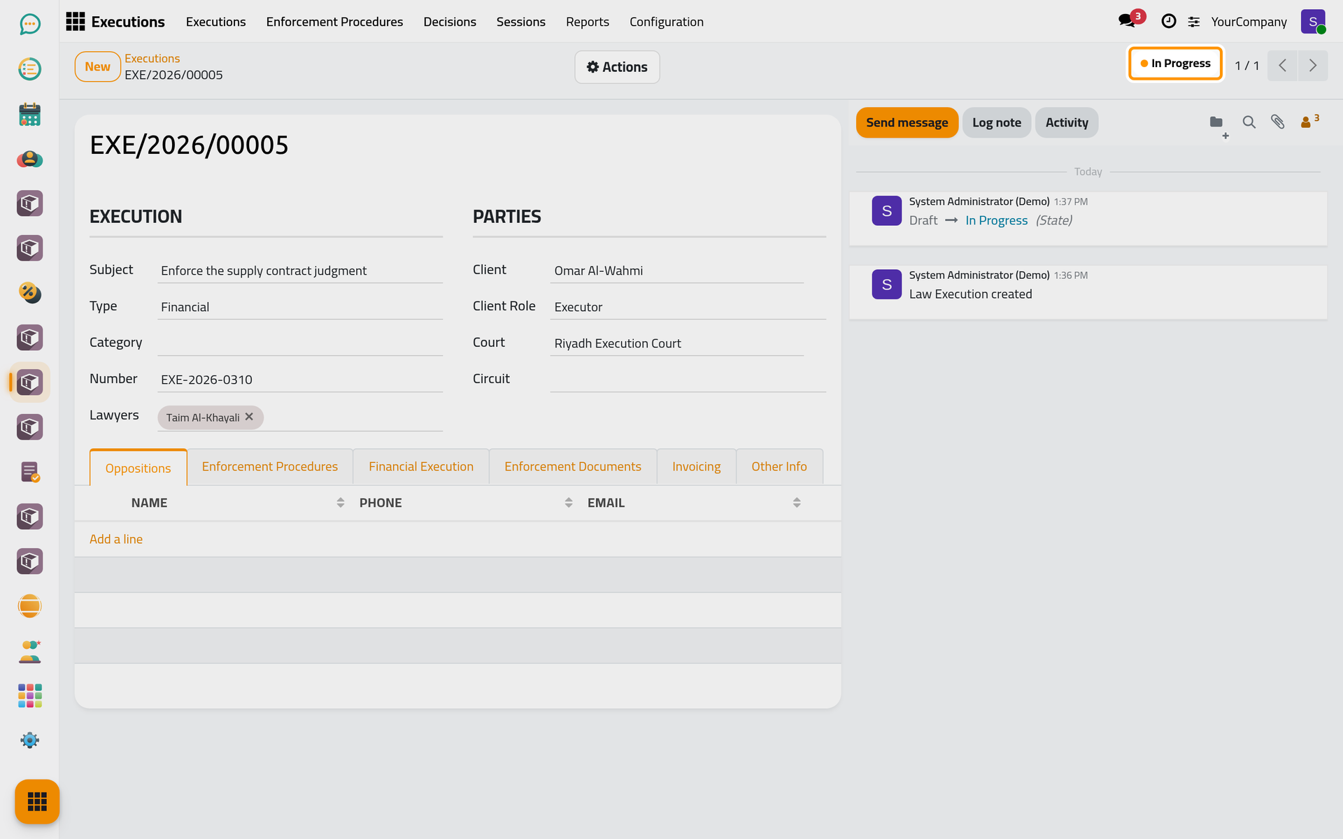 The file is now In Progress; its actions open the procedures, decisions and sessions.