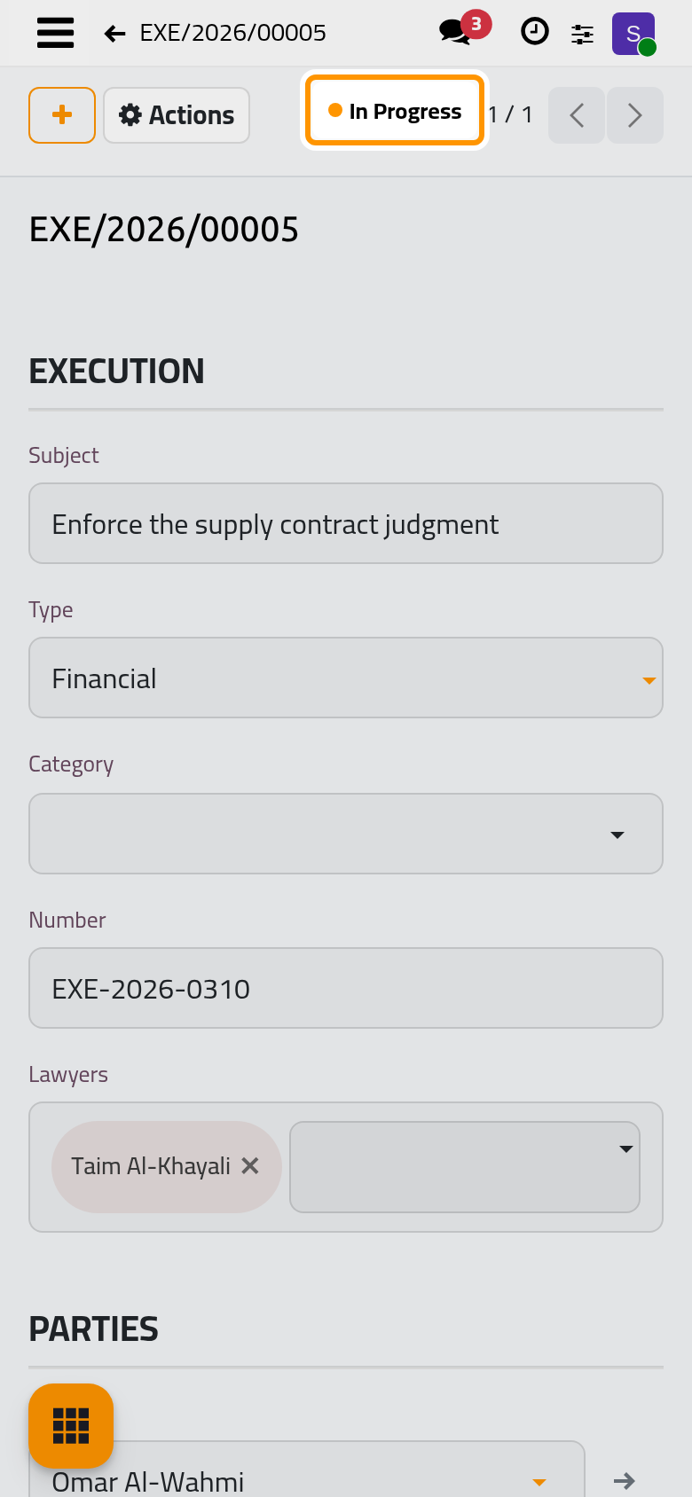 The file is now In Progress; its actions open the procedures, decisions and sessions.