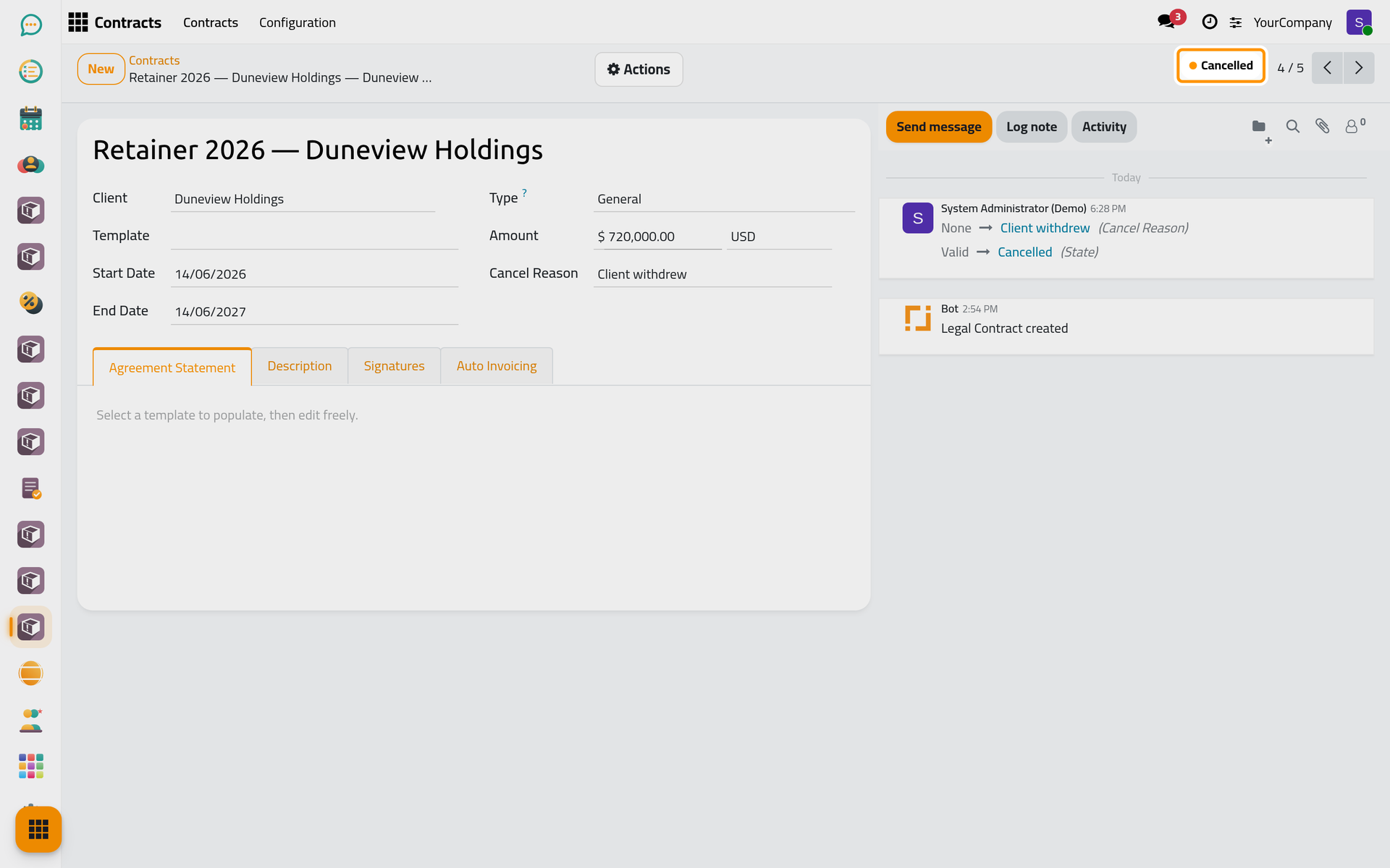 The contract is Cancelled, with its reason in the chatter.