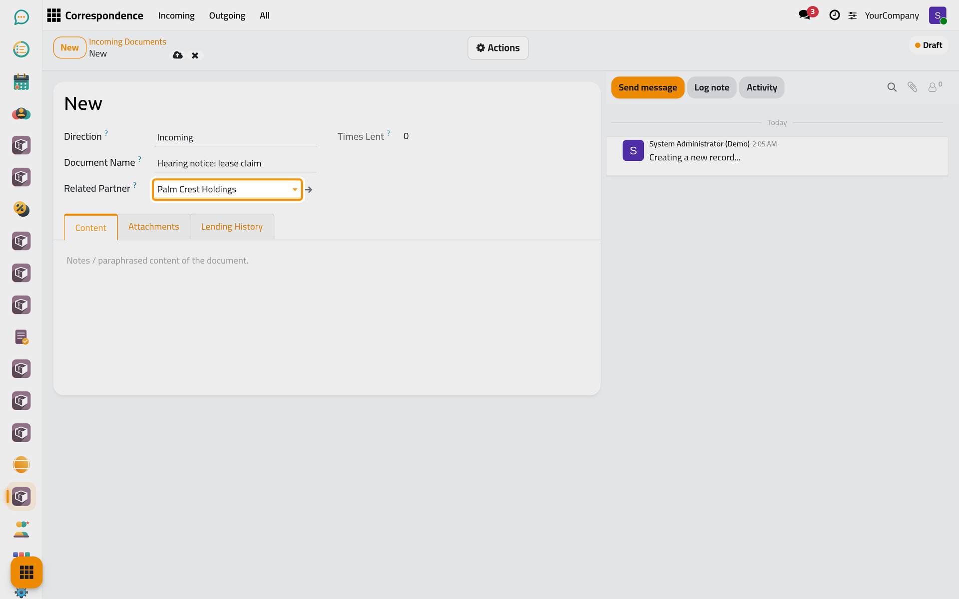 A new incoming document with its title and the contact it concerns.