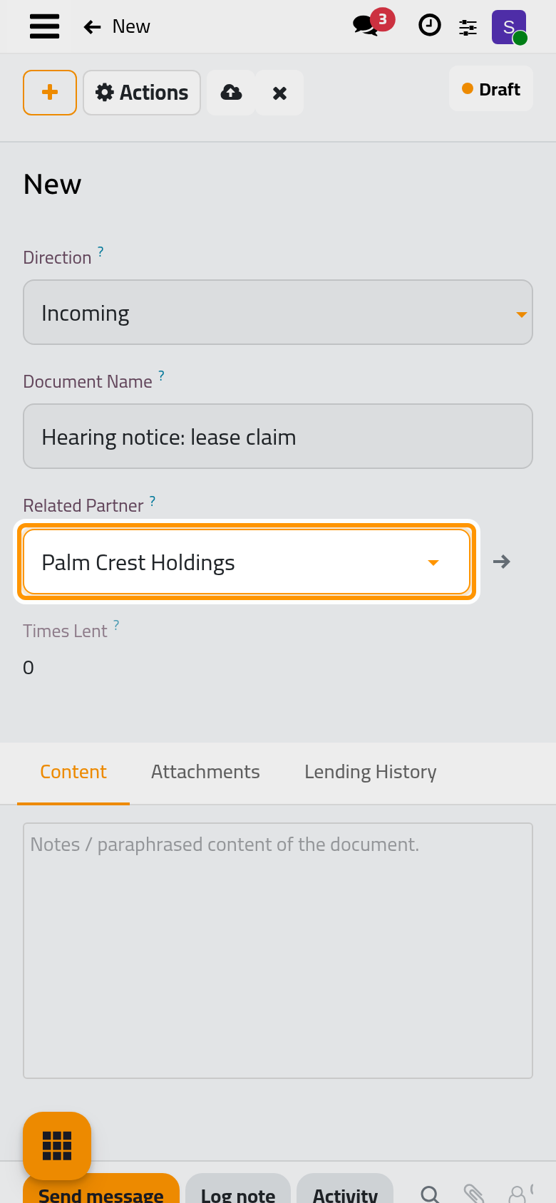A new incoming document with its title and the contact it concerns.