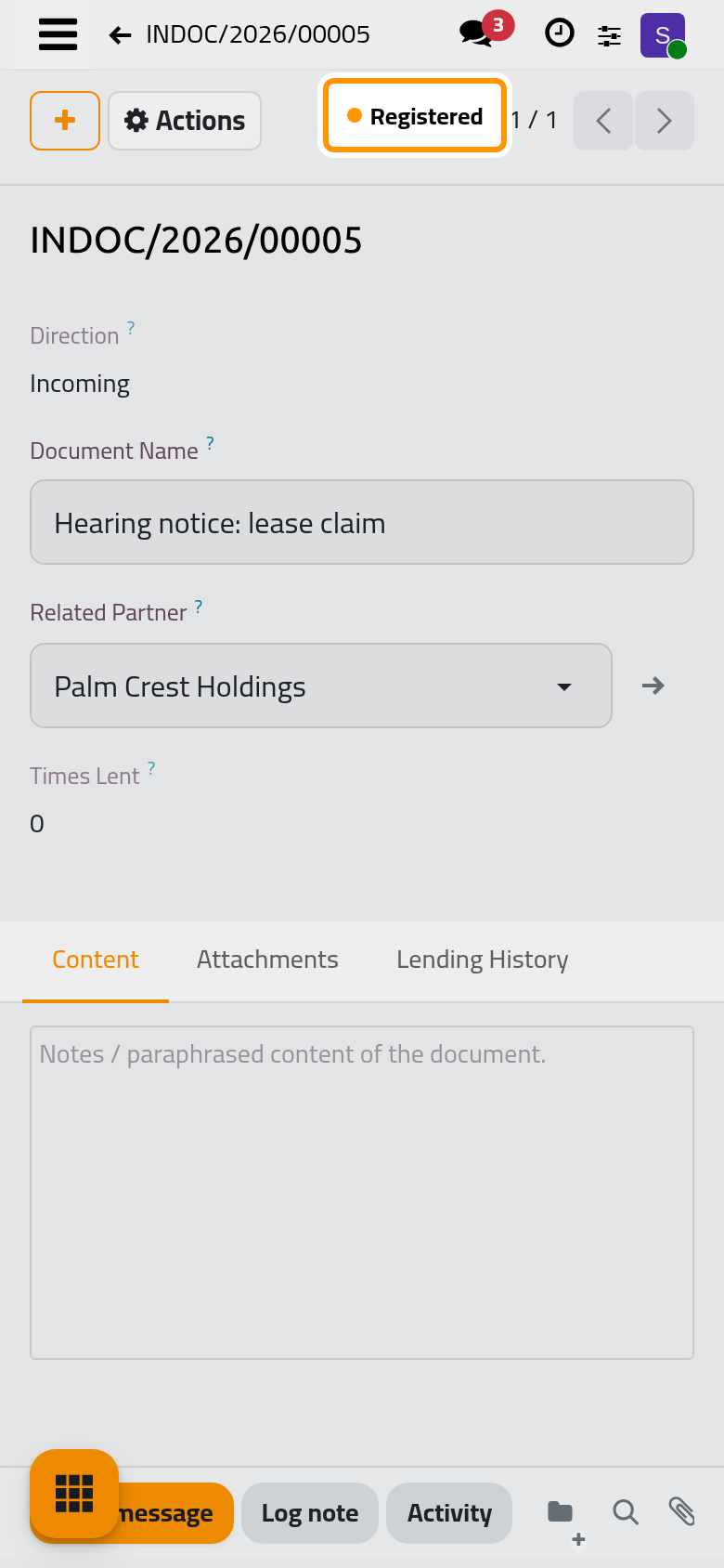 The document has its number and is now registered.