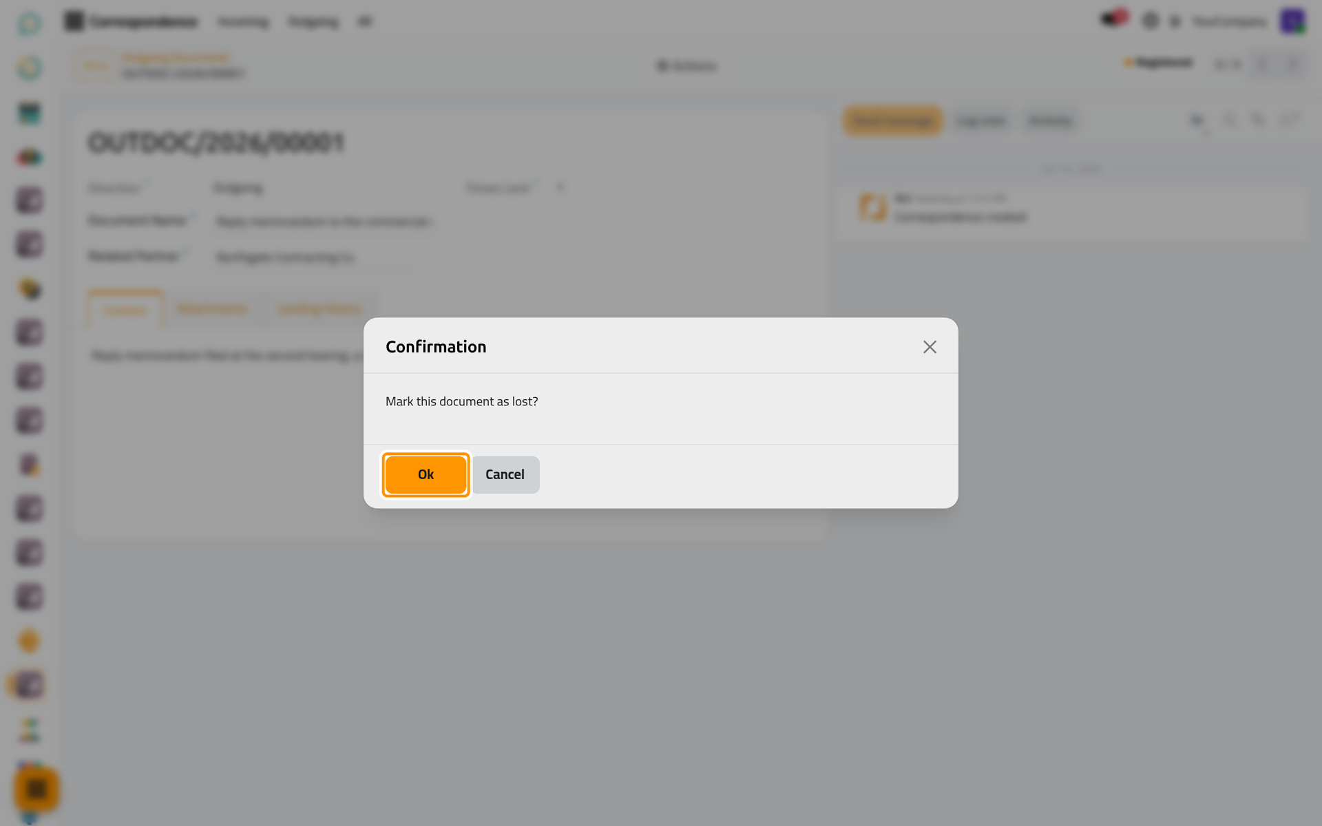 The system asks for a confirmation before marking the document lost.