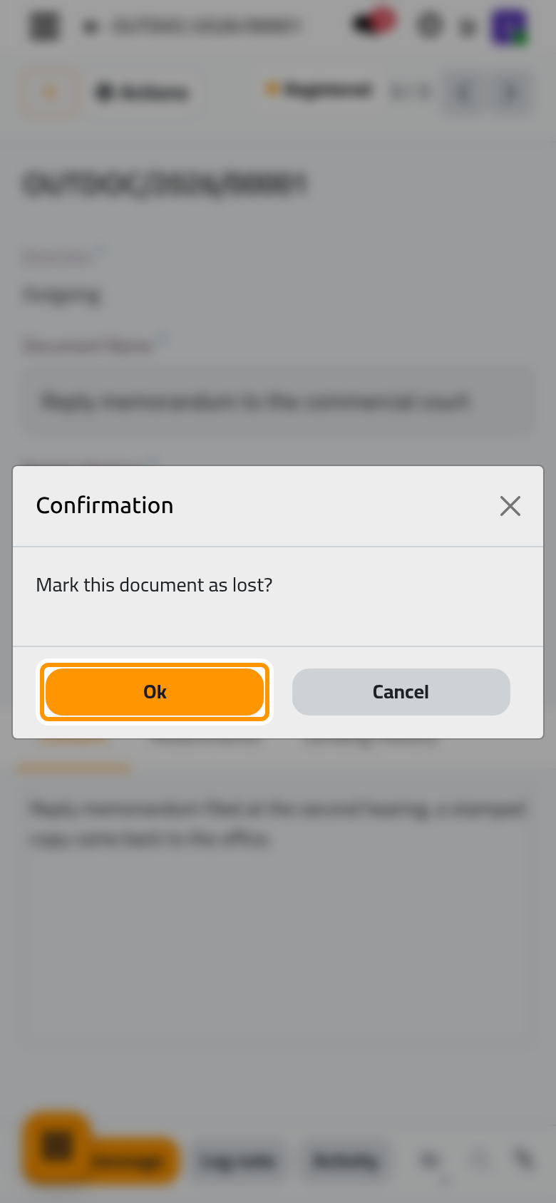 The system asks for a confirmation before marking the document lost.