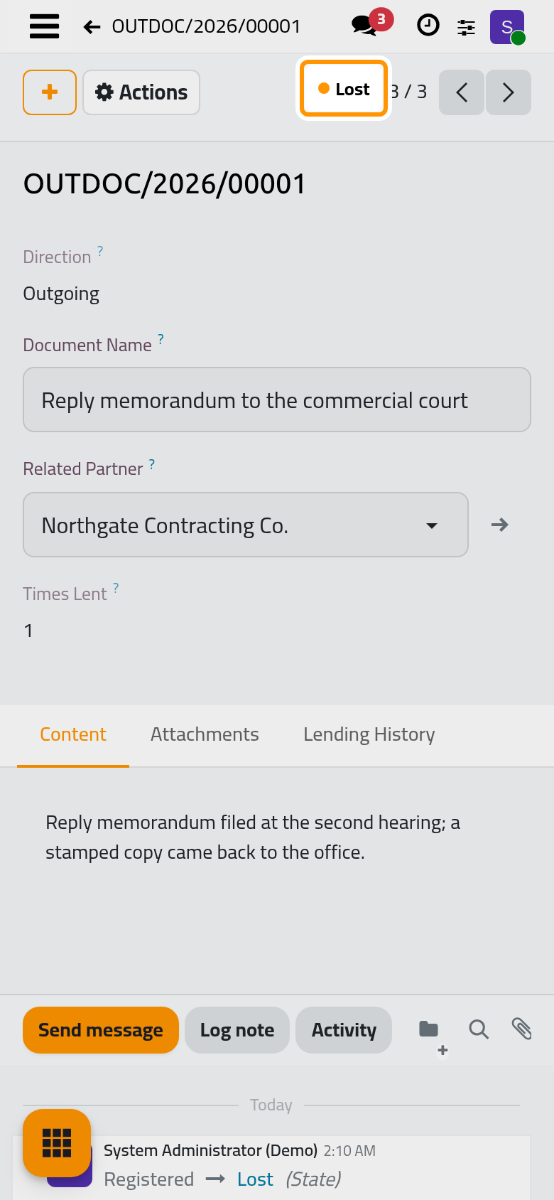 The document is now Lost; its record and its log stay.