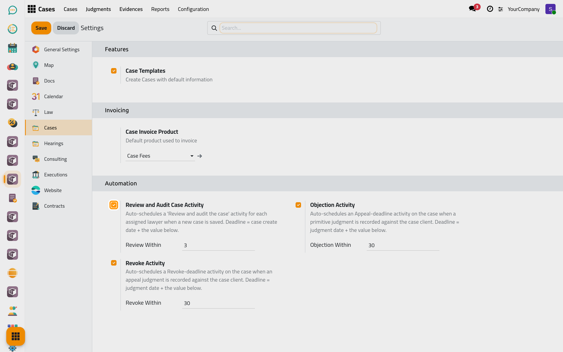 The Cases tab with case templates and the to-dos that follow a case.