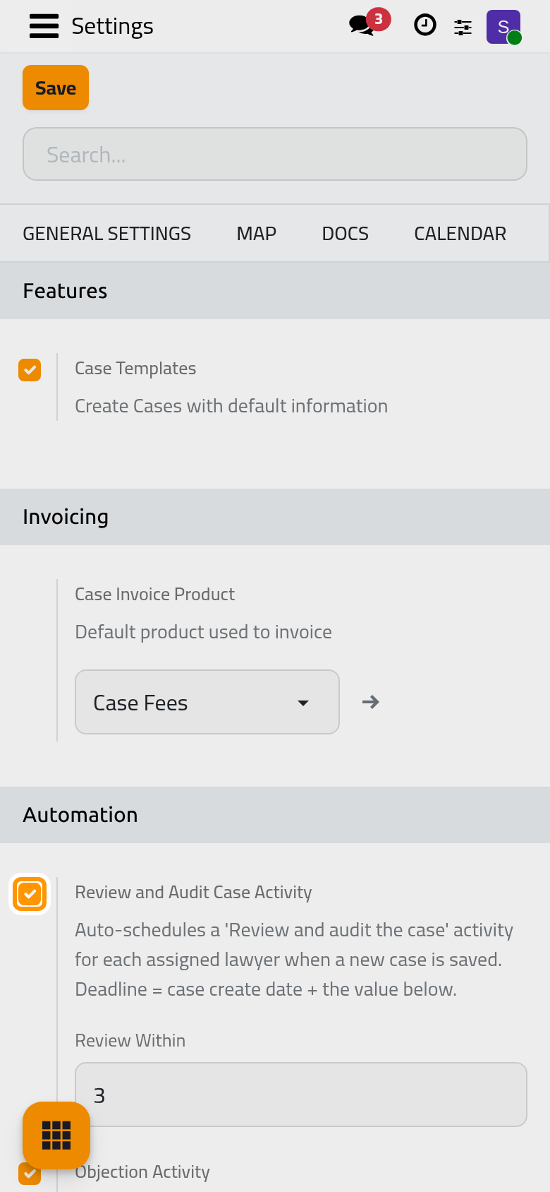 The Cases tab with case templates and the to-dos that follow a case.