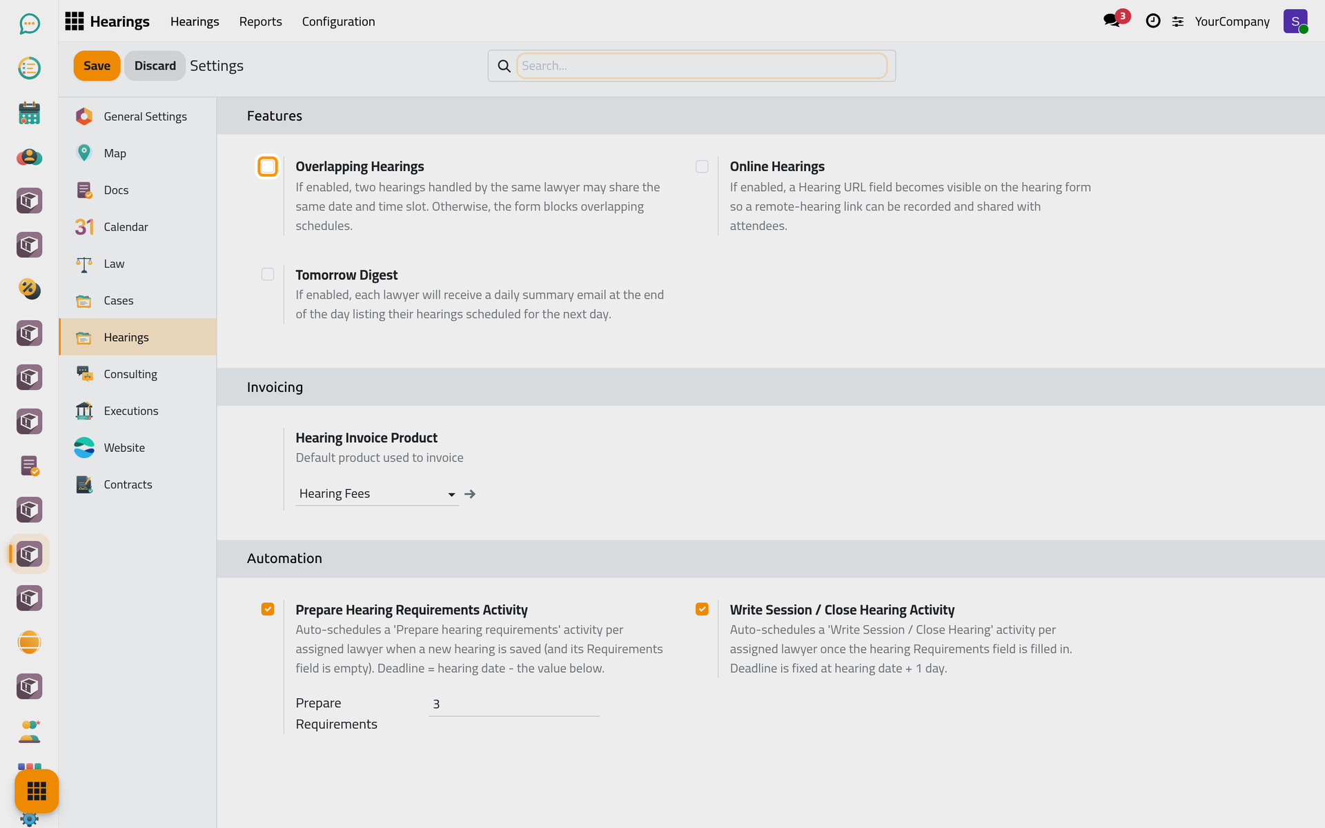 The Hearings tab with its features and its to-dos.