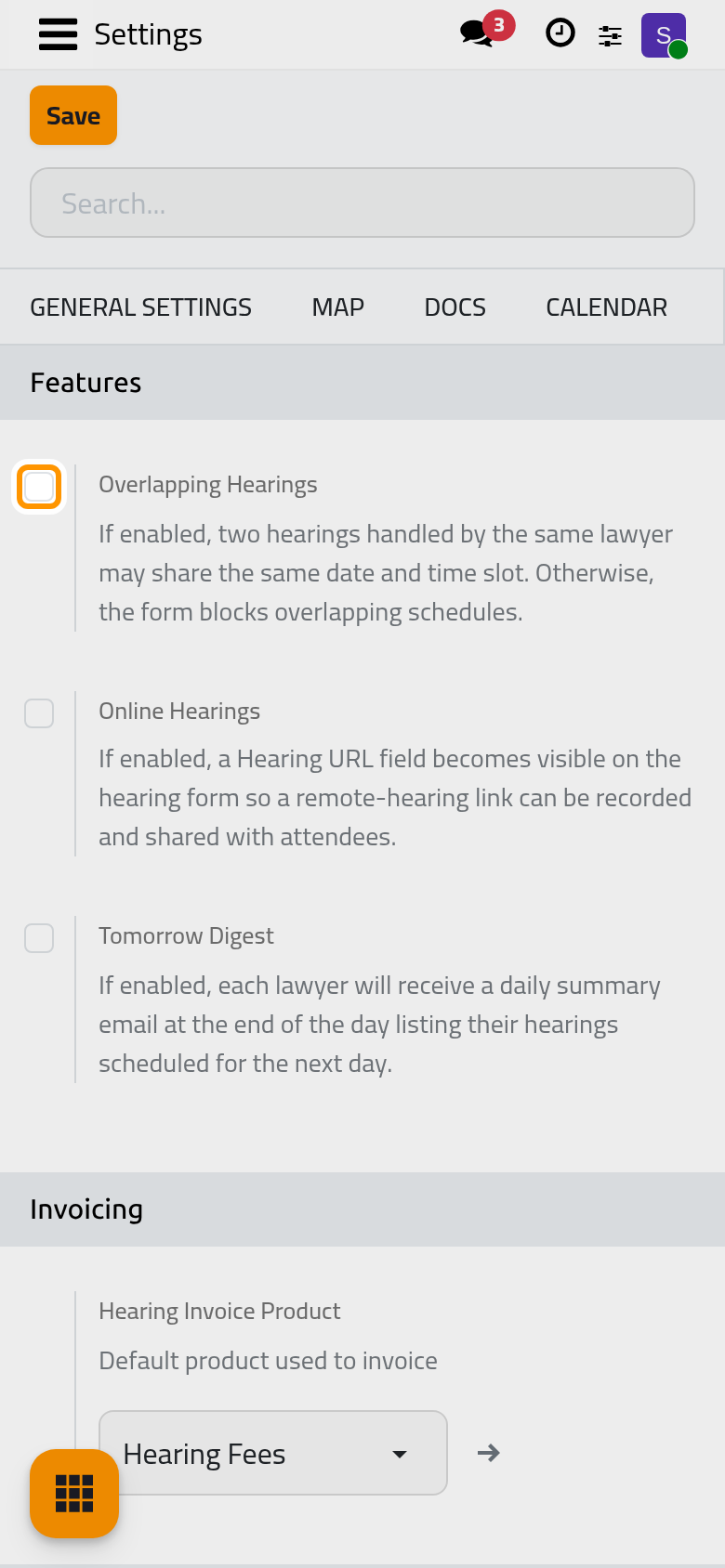 The Hearings tab with its features and its to-dos.