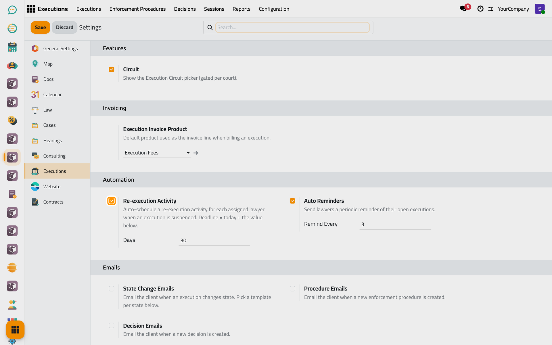 The Features and Automation boxes of the executions settings.