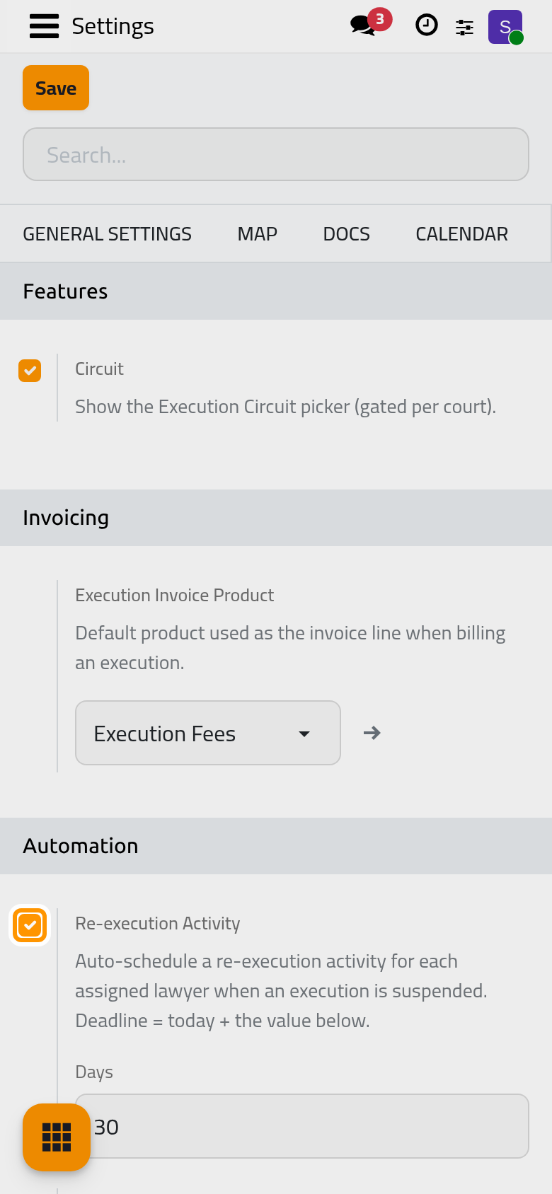 The Features and Automation boxes of the executions settings.