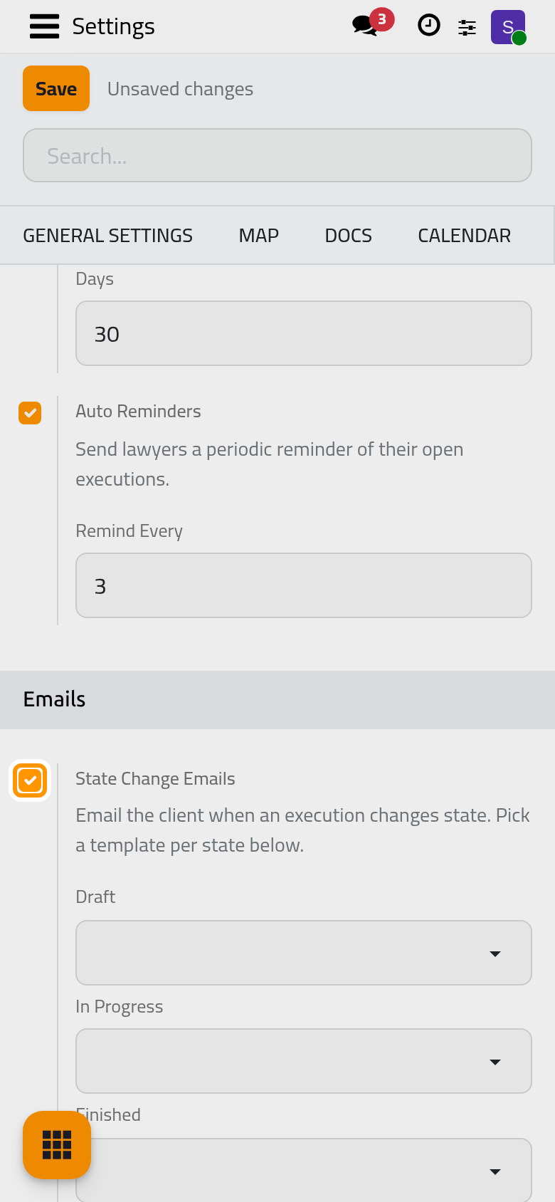 The Emails box with a template for each state.