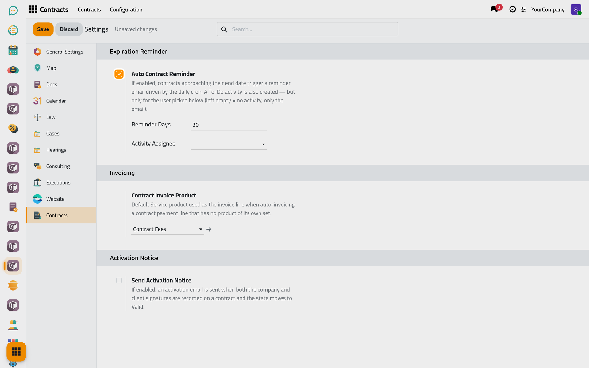 The Expiration Reminder box with its days and the to-do's assignee.