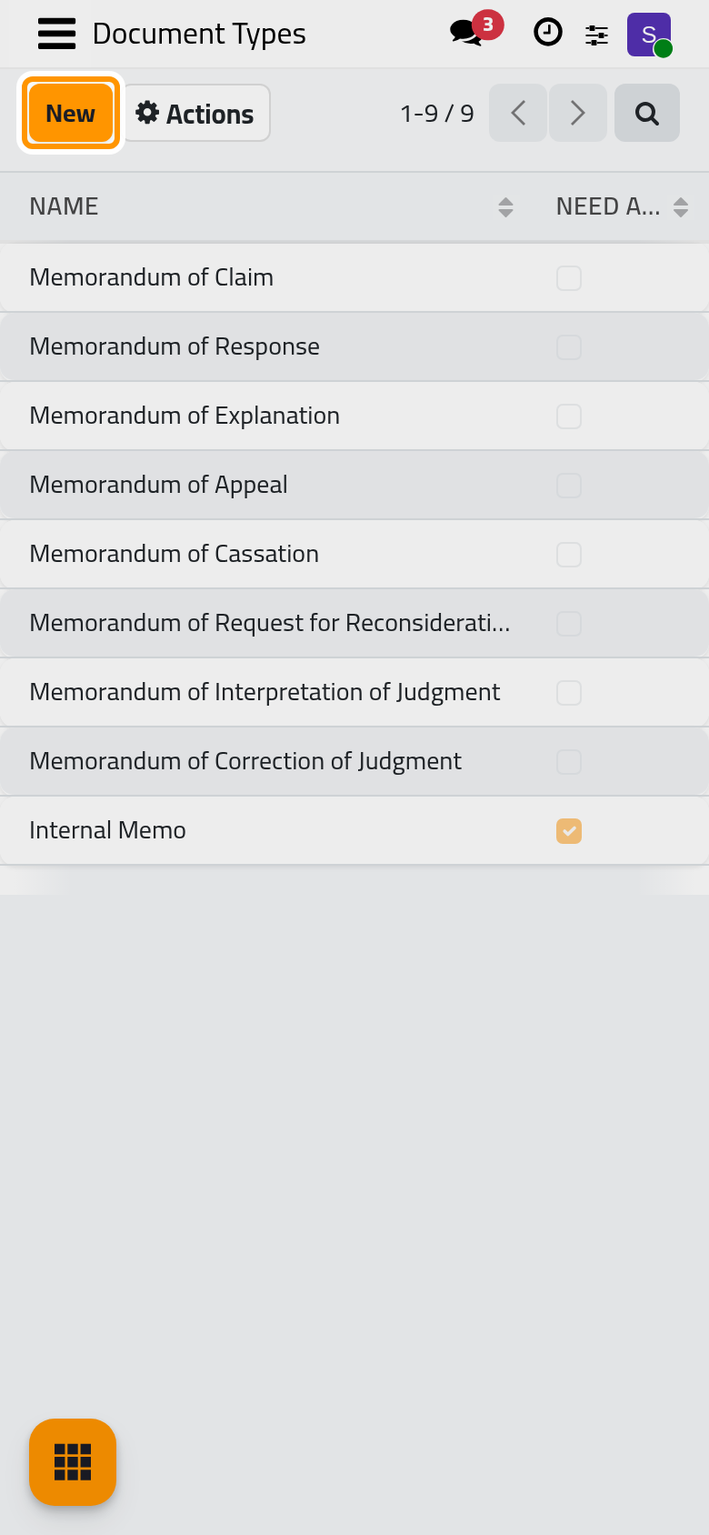The document types of the office; New adds one.