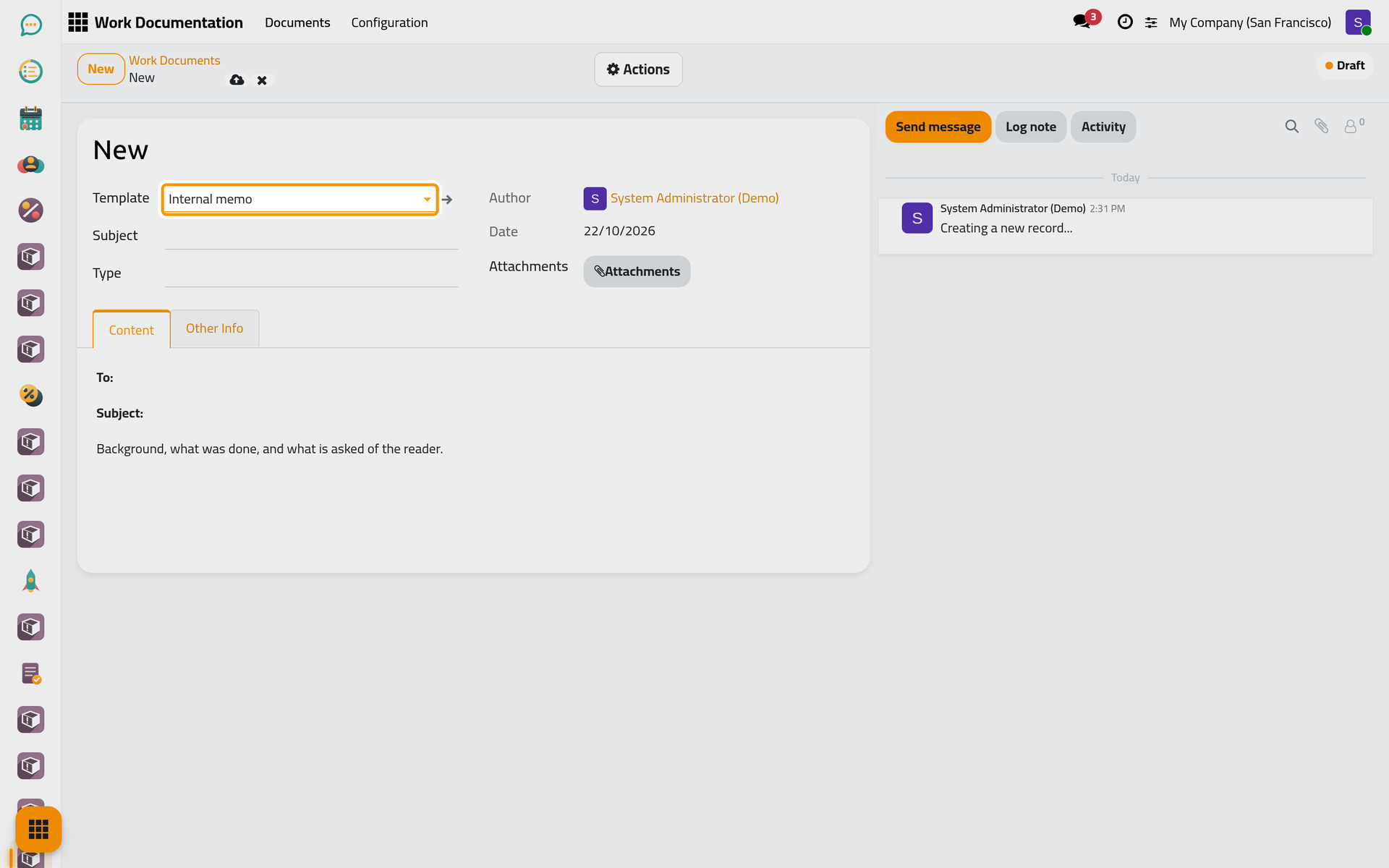 Picking the template fills the Content tab of the new document.