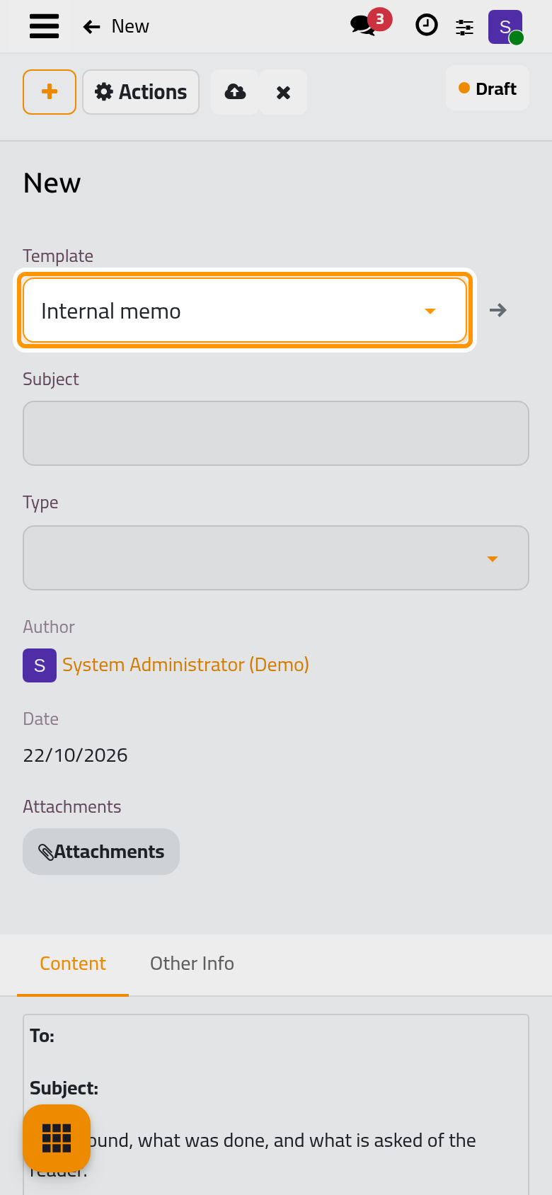 Picking the template fills the Content tab of the new document.