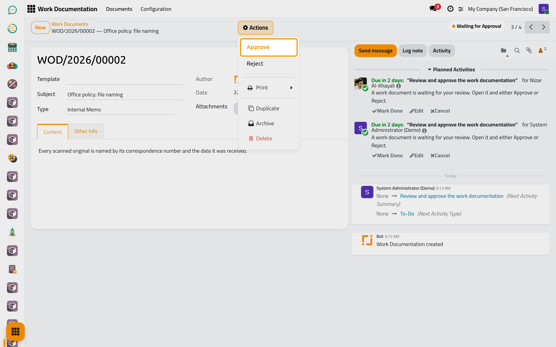 Approve and Reject are in the Actions menu of a document waiting for approval.