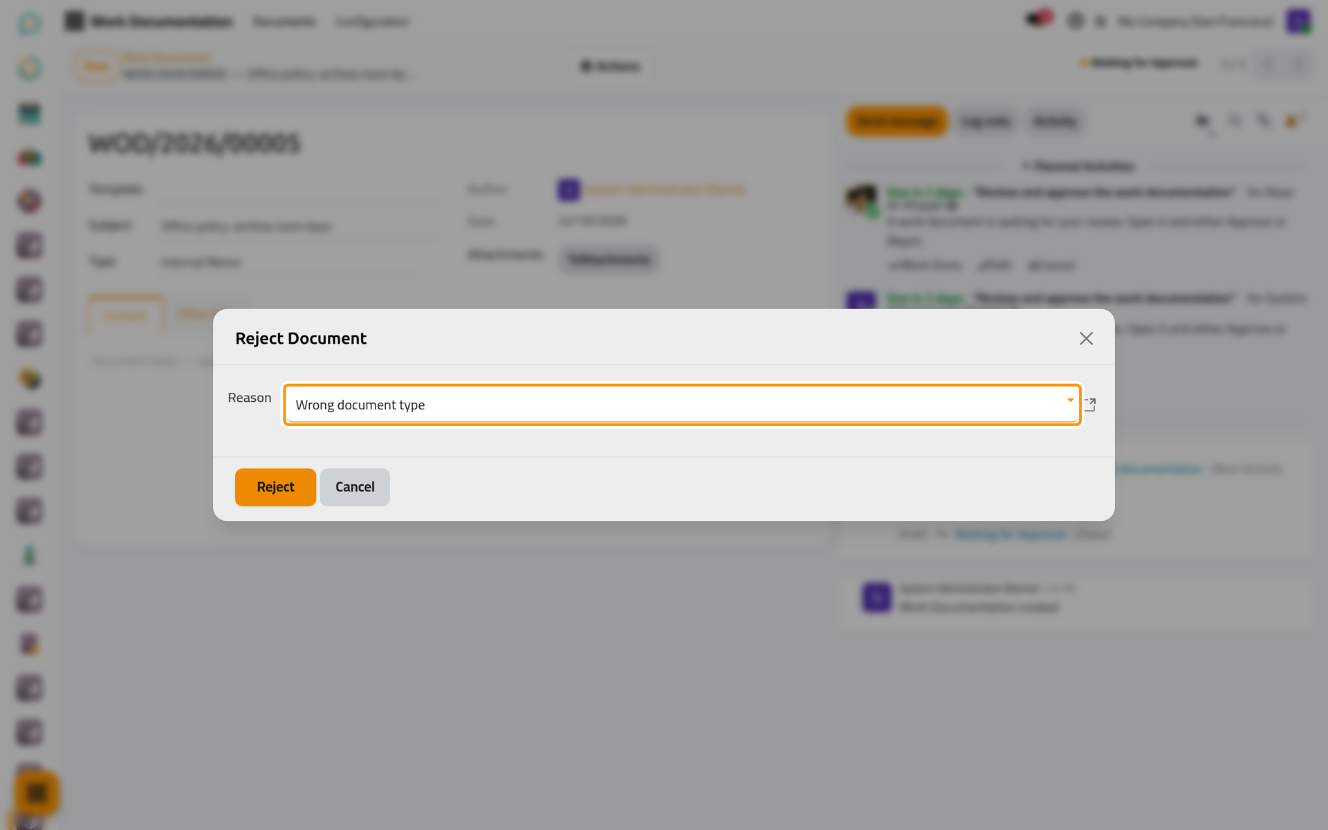 The Reject Document window asks for the reason.