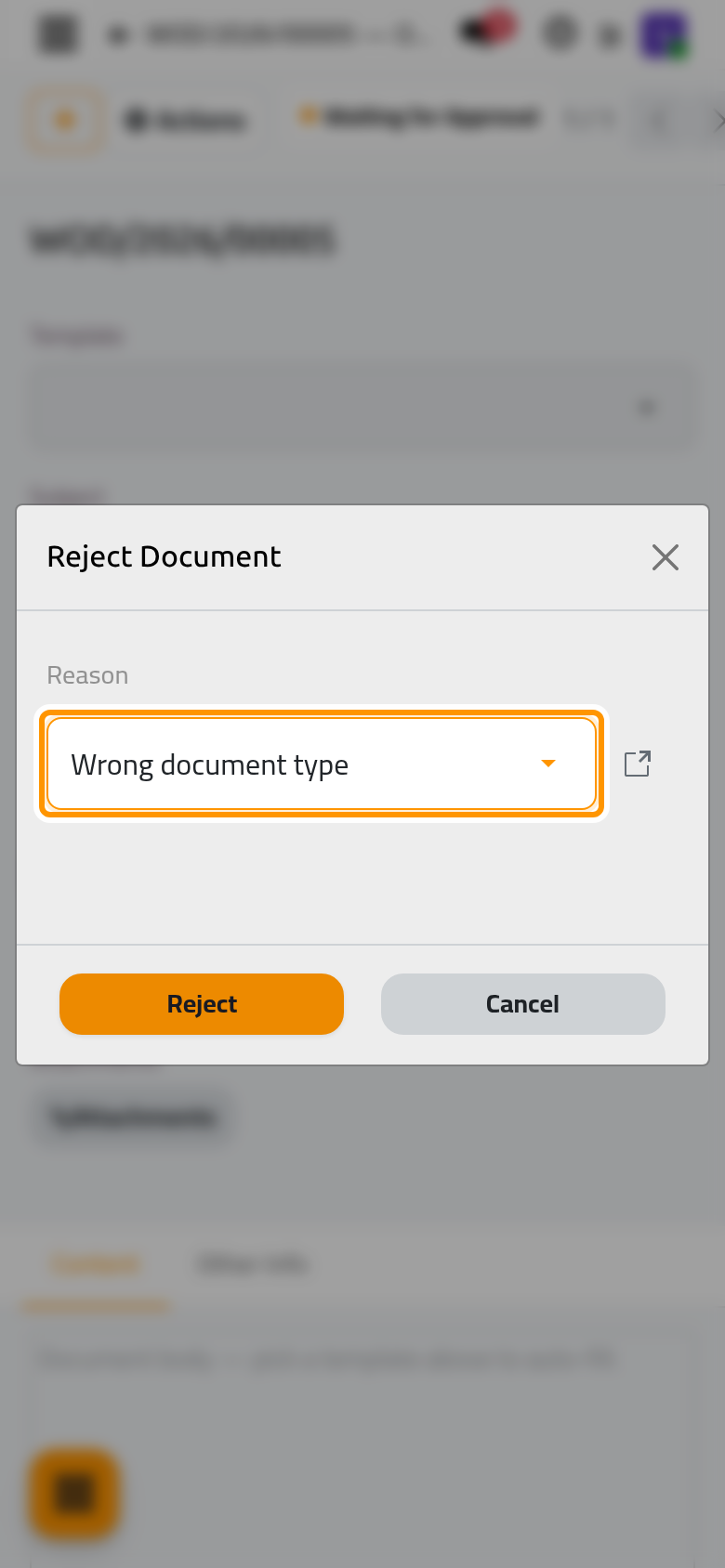 The Reject Document window asks for the reason.